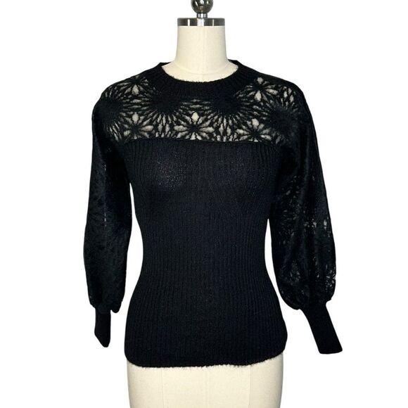 Alberta Ferretti Black Knit Floral Puff Sleeve Sweater | Size 2 - Picture 1 of 11